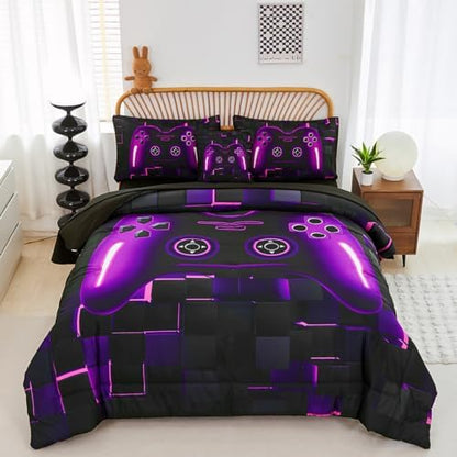 PERFEMET 6 Pieces Bed in A Bag Gamer Comforter Set Full Size Purple Gaming Bedding Set for Boys Kids Teen Soft Lightweight Video Game Black Quilt Bedspread Set(Purple, Full)