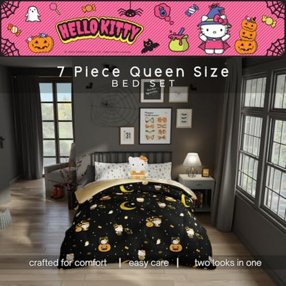 Sanrio Hello Kitty Halloween Pumpkin Queen Bed Set – Super Soft & Cozy 5 Piece Reversible Comforter and Sheet Set (Officially Licensed Product) by Franco