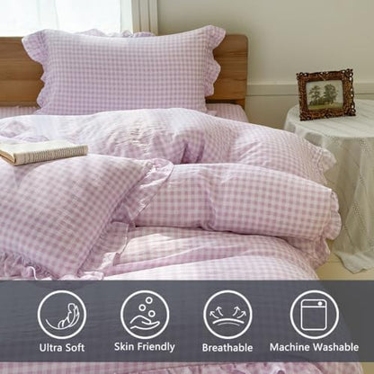 NSNLGSGC Purple Gingham Ruffle Twin Duvet Cover