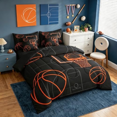Erosebridal Basketball Games Boys Kids 7 Piece Bedding Set Twin | Gaming Ball Pattern Comforter Set with Sheets Sports Theme Bed in A Bag Black Orange Bed Sets