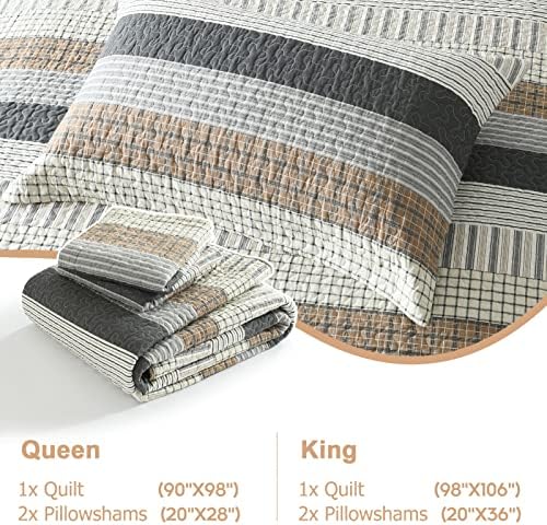 Finlonte 100% Cotton King Size Quilt Set, Patchwork Striped King Quilt Bedding Set Farmhouse Bedspread, Lightweight Quilted Comforter Reversible Bed Spread for All Season, White/Brown/Grey, 3 Pieces