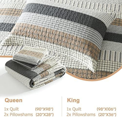 Finlonte 100% Cotton King Size Quilt Set, Patchwork Striped King Quilt Bedding Set Farmhouse Bedspread, Lightweight Quilted Comforter Reversible Bed Spread for All Season, White/Brown/Grey, 3 Pieces