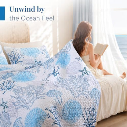 weigelia Coastal Quilt Bedding Set Queen Size, Lightweight Summer Bedspread