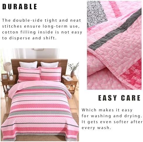 Homzard King Size Comforter Set, Cotton Quilt, Hot Pink Grey Bedding Set,Lightweight Striped Bedspread, Reversible Coverlet King Size (106"X98") with 2 Pillow Shams All Season