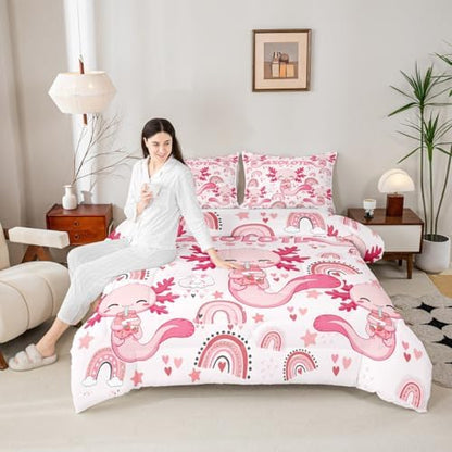 Manfei Cute Axolotl Kids Comforter Set Queen Size,Stars Rainbow Cartoon Bedding Set,Girls Boys Adults Room Decor,Strawberry Love Heart Romantic Down Comforter,Pink Kawaii Duvet Insert,2 Pillowcases
