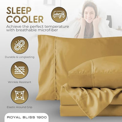 Top Split King Sheets Sets for Adjustable Bed, 4 Pcs Deep Pockets Double Brushed Microfiber Sheets, 34 Inch Split Top Fitted Sheet, 1 King Flat Sheet and 2 Pillowcases - Gold