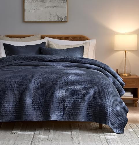 palassio Striped Navy Blue 100% Cotton Quilt Queen Size Bedding Sets, Lightweight Crinkly Channel Pick Stitch Textured Bedspread Soft Shabby Chic Farmhouse Country Coverlet for All Season, 2 Shams