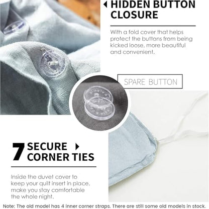 Simple&Opulence 100% Linen Duvet Cover Set 3pcs Basic Style Natural French Washed Flax Solid Color Soft Breathable Farmhouse Bedding with Button Closure - Dusty Blue, King
