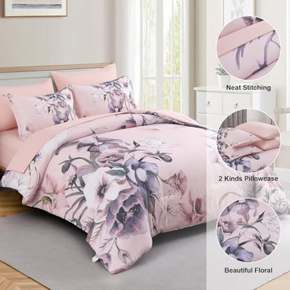 Luxudecor Floral Comforter Set King Size 7 Piece, Blush Pink Flower Bed in a Bag, Elegant Comforter Bedding Set for All Season (Blush Pink, 104"x90")