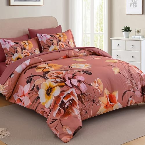 Luxudecor Floral Comforter Set Queen Size 7 Piece, Dusty Flower Bed in a Bag, Elegant Floral Comforter Bed Set with Sheet Set, Soft Microfiber Bedding Set for All Season (90"x90")