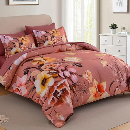 Luxudecor Floral Comforter Set Queen Size 7 Piece, Dusty Flower Bed in a Bag, Elegant Floral Comforter Bed Set with Sheet Set, Soft Microfiber Bedding Set for All Season (90"x90")