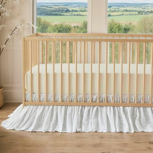 Brandream Scallop Edge Cotton Lace Crib Skirt, Baby Boy, Baby Girl, Gender Neutral Crib Skirt Toddler Bedskirt Dust Ruffle White Ruffled Eyelet Crib Bed Skirt Gathered Styling & Embroidered Details