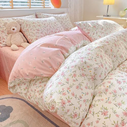 Girls Pink Floral Duvet Cover Twin XL Soft 100% Cotton Aesthetic Flower Bedding Set Vintage Botanical Comforter Cover Breathable Cottagecore Bedding Set 1 Twin XL Duvet Cover with 2 Pillowcases