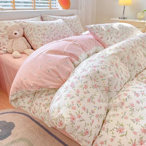 Vintage Style Pink Floral Duvet Cover King Cotton Garden Flower Duvet Cover Boho Cottagecore Bedding Set Chic Botanical Duvet Cover with 2 Pillowcases White Floral Comforter Cover King Bedding Set