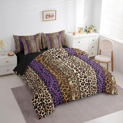 Erosebridal Purple and Brown Leopard Print King 7-Piece Comforter Set for Men Women Adults - Cheetah Printed Bedding Set with Sheets Wild Safari Animal Bed in a Bag Modern Leopard Print Bed Sets
