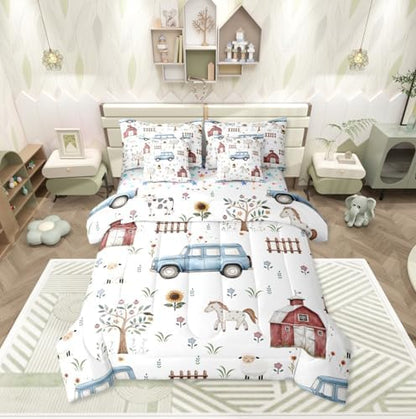 Erosebridal Farm Animal 7 Piece Bedding Set King Cartoon Tractor Kids Comforter for Boys Girls Rustic Barn Door Bed in A Bag Farmhouse Horse Sheep Cow Cartoon Animals Sunflower Floral Sheet Set