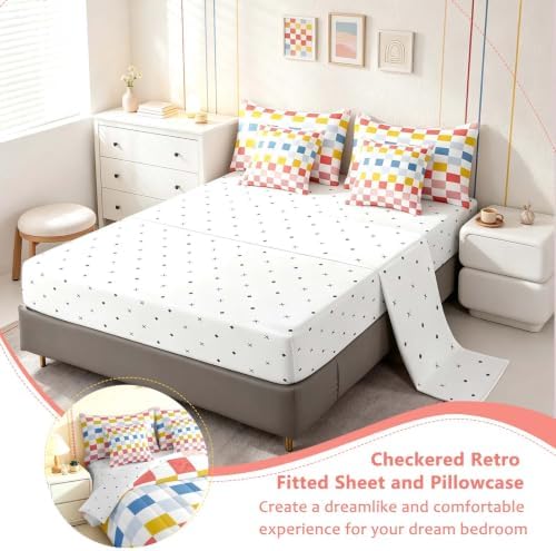 Feelyou Multicolored Checkered Retro Comforter Set with Sheets 7 Piece Twin Size Geometric Cute Bed in a Bag Kids Boys Girls Colorful Bedding Set Modern Groovy Aesthetic Bedroom Decor Breathable Soft