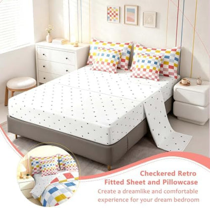 Feelyou Multicolored Checkered Retro Comforter Set with Sheets 7 Piece Twin Size Geometric Cute Bed in a Bag Kids Boys Girls Colorful Bedding Set Modern Groovy Aesthetic Bedroom Decor Breathable Soft
