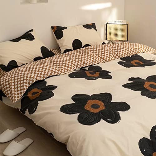 Wellboo Black Floral Comforter Sets Twin Women Girls White and Black Botanical Bedding Sets Cotton Beige Black Sunflower Quilts Teens 3D Large Flower Quilts Watercolor Boho Garden Bohemian Bedding