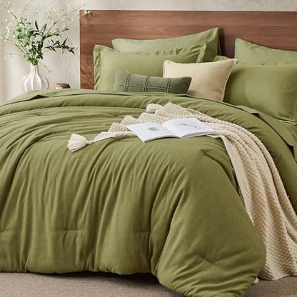 JOLLYVOGUE Olive Green Queen Comforter Set, Cationic Dyeing Bed in a Bag Queen 7 Pieces, Double-Tone Bedding Set with Down Alternative Comforter, Sheets, Pillowcases & Shams