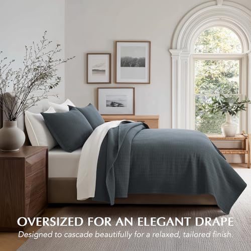 EverGrace 100% Cotton Modern Grid Stitch Quilt Set King Size, Midnight Blue