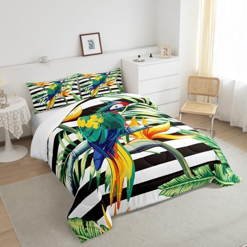 Parrot Bedding Set Palm Tree Leaf Comforter Set Full,Hawaiian Tropical Botanical Bedding Comforter for Kids Boys Girls Teens Adults,Black Striped Quilt Duvet Set 2 Pillow Cases Home Bedroom Decor