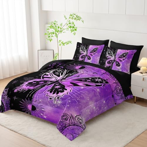 7Pcs Animals Comforter Set Black Purple Butterfly Printed Bedding Set with 1 Comforter, 1 Flat Sheet, 1 Fitted Sheet and 4 Pillowcases for Boys and Girls Bedroom (Butterfly-3 Queen