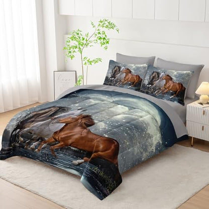 7Pcs Comforter Set 3D Western Horses Printed Bedding Set with 1 Comforter, 1 Flat Sheet, 1 Fitted Sheet and 4 Pillowcases for Boys and Girls Bedroom All Season(Horses Full)