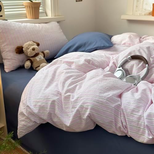 mixinni Pink White Striped Duvet Cover King Size, 3-Piece Washed Microfiber Vintage Striped Bedding Set, Soft Aesthetic Stripe Pattern Duvet Cover with Zipper Closure & Corner Ties for Women Girls