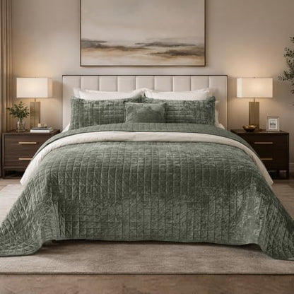 Quilt Set Queen Size 90x98 Luxurious Velvet Bedding Sets with 2 Pillow Shams 20x26 3 Pieces Ultra Soft Quilted Bedspread Coverlet Comforter for All Season,Army Green