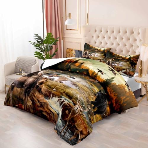 LUVIVIHOME 2PCS Black Bear Moose Elk Deer Comforter Set Twin Size, Rustic Cabin Bedding, Mallard Duck Forest Animal Wildlife Hunting Hunter Country Lodge Rustic Farmhouse Bedroom Decor, 1 Pillow Sham