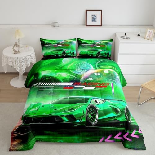 Feelyou Green Race Car Bedding Set Toddler Size for Kids Boys Extreme Sports Car Comforter Set Decorations Teens Galaxy Planet Car Duvet Set Cool Modern Quilt Set