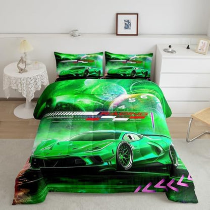 Feelyou Green Race Car Bedding Set Toddler Size for Kids Boys Extreme Sports Car Comforter Set Decorations Teens Galaxy Planet Car Duvet Set Cool Modern Quilt Set