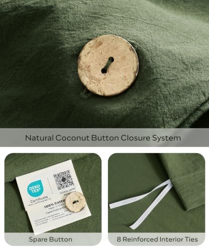 JELLYMONI 100% Washed Cotton Fall Olive Green Duvet Cover Queen, Linen-Like