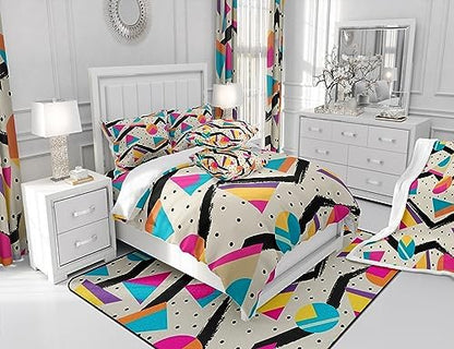Manfei Memphis Comforter Set Full Size, Retro 80s or 90s Fashion Style Bedding Set 3pcs for Kids Boys Girls, Geometric Triangle Circle Quilt Set Soft Polyester Duvet Set with 2 Pillowcases