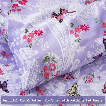 lasoftan Floral Queen Comforter Set with Sheets, 7 piece Luxury Vintage Bedding, Soft Microfiber Bed in a Bag, Cozy Lightweight Bed Set, Lavender Butterfly