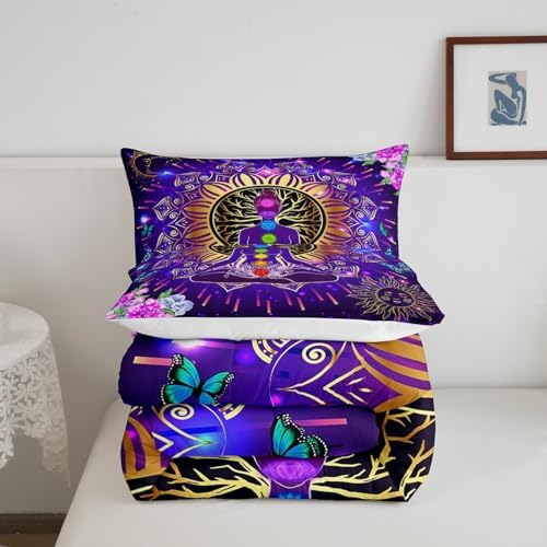 Manfei Yoga Chakras Comforter Set King Size, Boho Mandala Bedding Set 3pcs for Kids Boys Girls Bedroom Decor, Gold Sun and Moon Quilt Set with 2 Pillowcases, Colorful Flower Duvet Insert