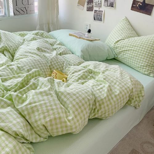 LifeTB Green Gingham Duvet Cover Full Aesthetic 3 Piece Grid Checkered Duvet Cover with 2 Pillowcases Vintage Plaid Sage Comforter Cover 100% Washed Cotton Farmhouse Gingham Bedding Set