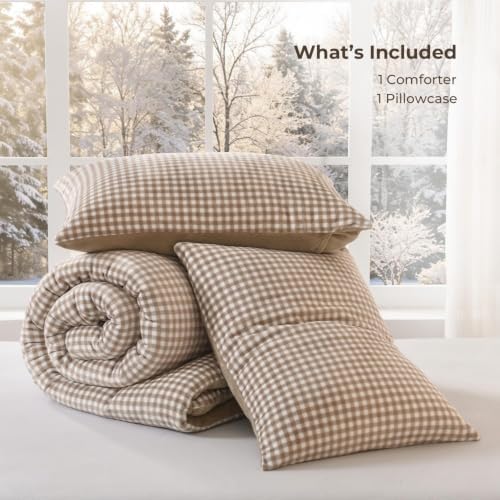 Litanika Velvet Flannel Gingham Comforter Set Twin, 3 Pcs Tan Blanket