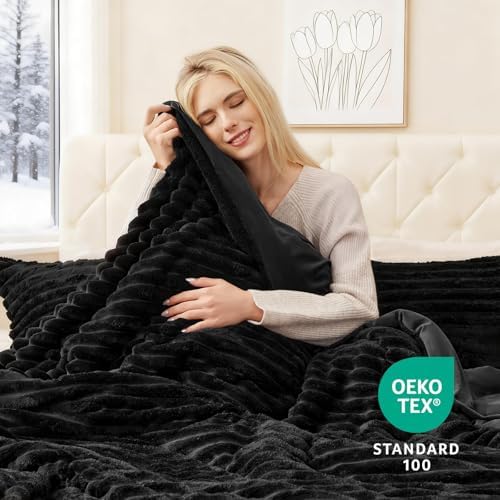 EXQ Home Fluffy Comforter Set Queen Size,3 Pieces Bed Set,Black