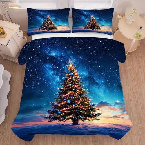Christmas Tree Comforter Set King Size Galaxy Bedding for Girls Teen Women Blue Xmas Holiday Space Bedroom Quilt Bed Sets, 1 Comforter 2 Pillowcases