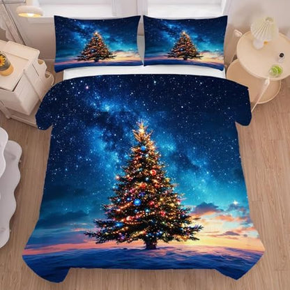 Christmas Tree Comforter Set King Size Galaxy Bedding for Girls Teen Women Blue Xmas Holiday Space Bedroom Quilt Bed Sets, 1 Comforter 2 Pillowcases