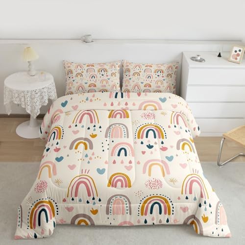 jejeloiu Lovely Kids Rainbows Comforter Set Queen Size Cute Rainbow Bedding Set for Kids Boys Girls Cute Princess Duvet Quilt Bedroom Decor Microfiber 3 Pcs with 2 Pillow Cases