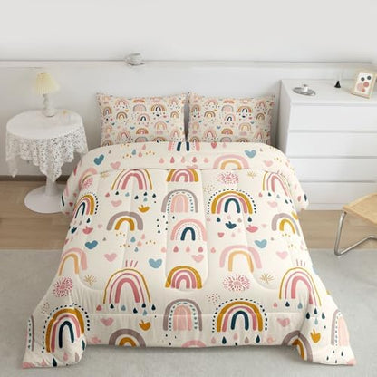 jejeloiu Lovely Kids Rainbows Comforter Set Queen Size Cute Rainbow Bedding Set for Kids Boys Girls Cute Princess Duvet Quilt Bedroom Decor Microfiber 3 Pcs with 2 Pillow Cases