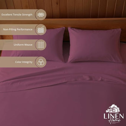 Linen Home 100% Cotton Percale Sheets Twin Size, Damson Berry, Deep Pocket, 3 Pieces Set - 1 Flat, 1 Deep Pocket Fitted Sheet and 1 Pillowcase, Crisp Cool and Strong Bed Linen