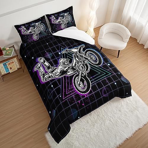 HOSIMA Motorcycle Racer Comforter Extreme Sports Theme Bedding Set for Kids Teens Men, Queen Size, Purple Line Grid Black Comforter with 2 Pillowcases