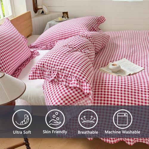 NSNLGSGC Red Gingham Ruffle Queen Duvet Cover