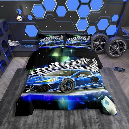Feelyou Blue Racing Car Comforter Bed in A Bag Full Size for Kids Teens