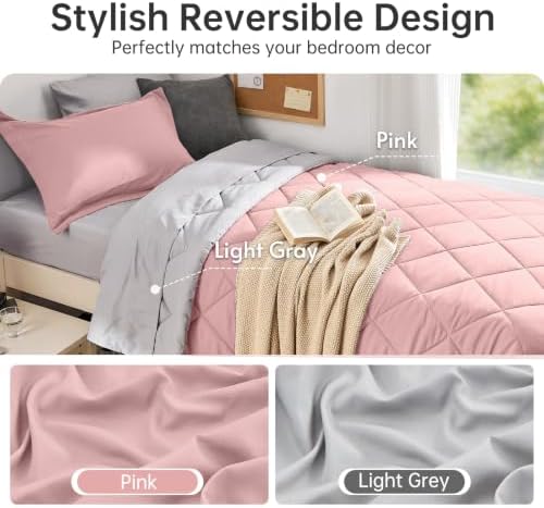 MUXHOMO 5 Pieces Twin XL Comforter Set, Reversible Bed in a Bag Twin XL Size, All Season Bedding Set with Comforter, Flat Sheet, Fitted Sheet, Pillowcases & Shams, Pink & Light Grey