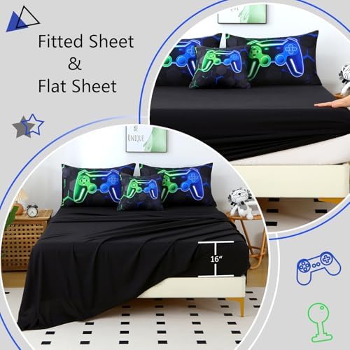 Game Console Boys Comforter Set Full Size 6-Piece Gaming Bedding Set for Kids Teens Ultra Soft Fluffy 3D Gamer Gamepad Bed in A Bag with Sheets (Green Blue, Full)